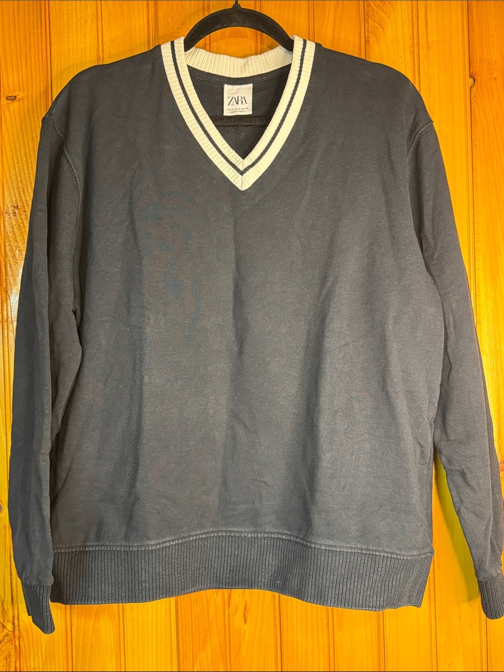 ZARA Black V-Neck Sweater with Cream Trim